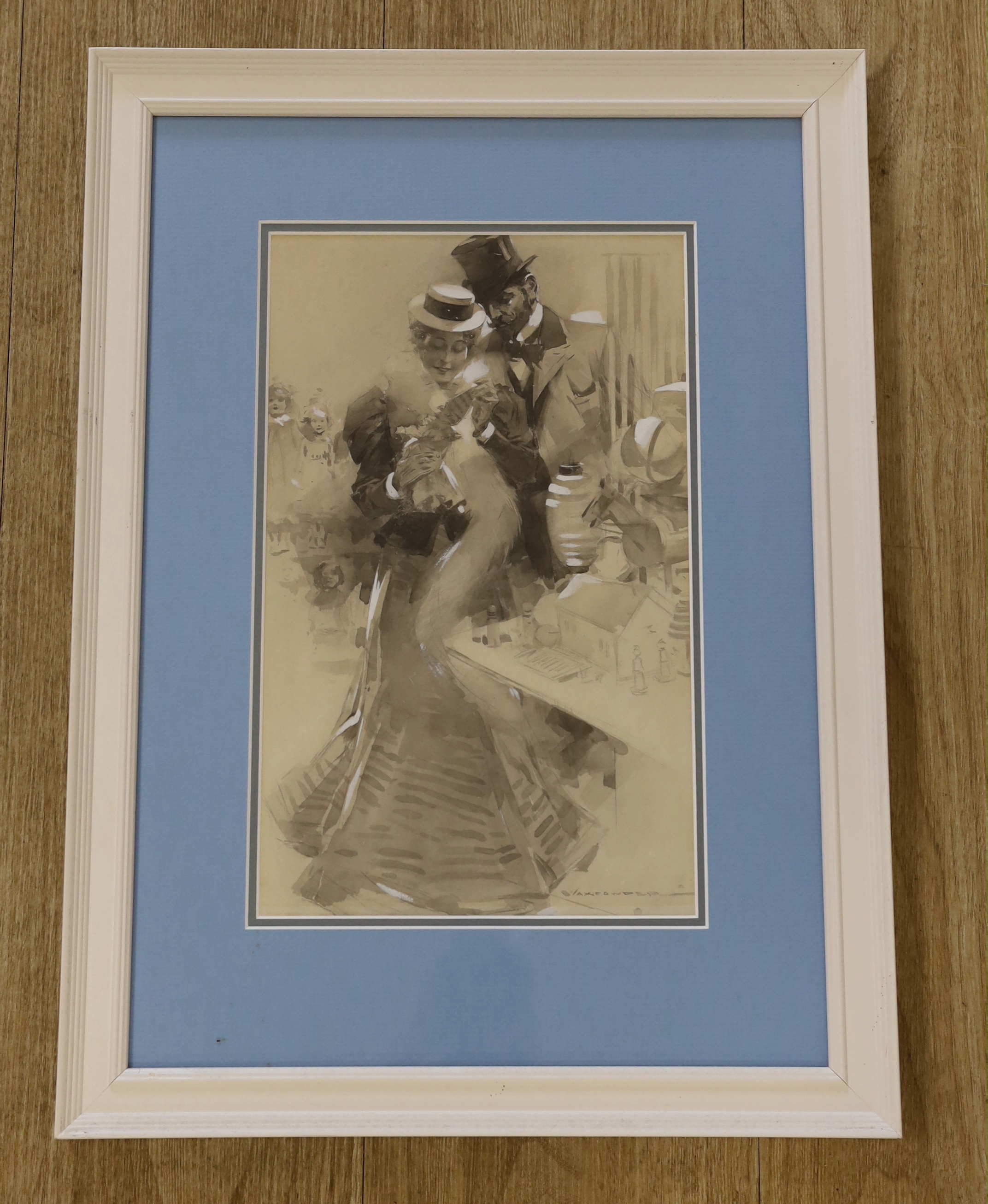 Edwardian School, monochrome watercolour heightened in white, Edwardian couple in a toy shop, signed, 32 x 20cm